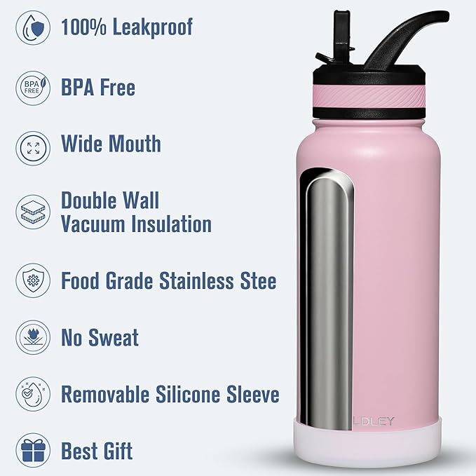 OLDLEY 32 oz Insulated Water Bottle With Straw, Stainless Steel Sports Water Cup Flask with 3 Lids(Straw, Spout and Handle Lid) Double Walled Travel Thermal Canteen Mug,Lavender Mist