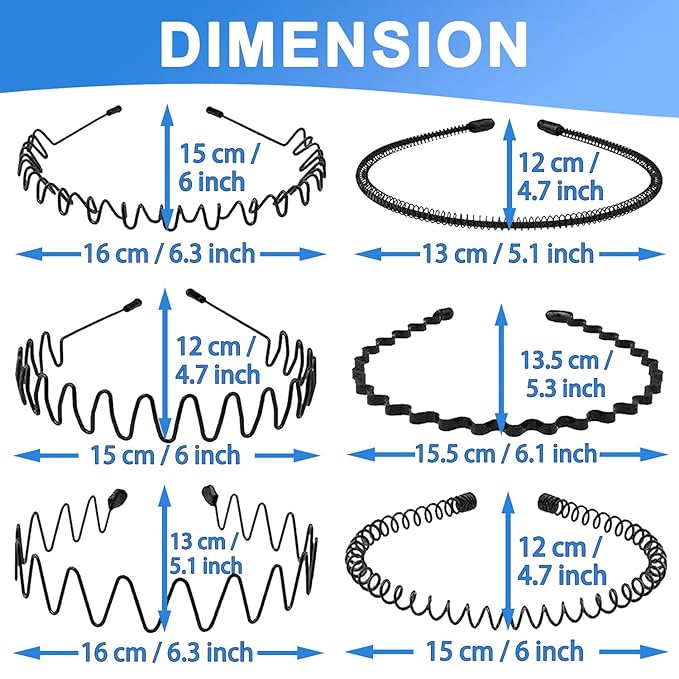 Metal Headbands for Man, Unisex Black Wavy & Smooth Headbands for Women, Non-Slip Elastic Hair Bands for Sports, Gym, Yoga, and Daily Use. (6 pack)