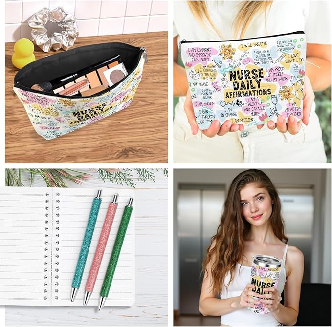 jeilink Daily Affirmations Nurse Accessories for Work, Nurse Appreciation Gifts, Nursing Student Essentials Inspirational RN Gifts for Women Birthday Christmas, 20oz Tumbler & Makeup Bag Pen Notebook