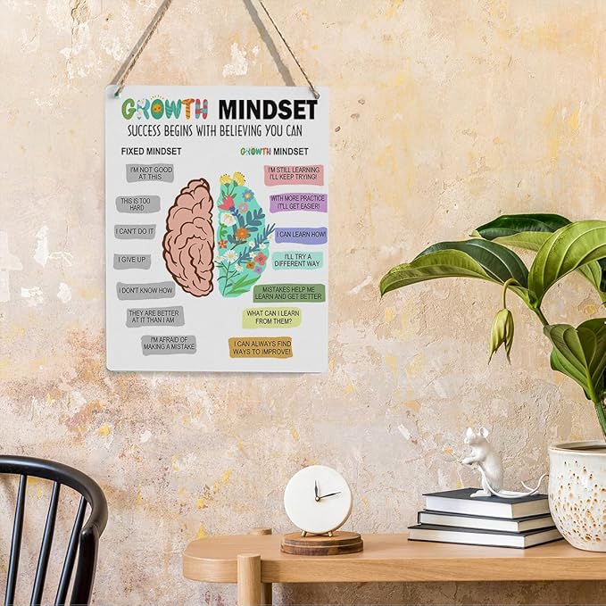 Rustic Growth Mindset Posters Psychologist Gift Mental Health Therapy Wood Decor Sign Positive Affirmations Wall Decor for Consultation Room Office Bedroom Workshop Studio Living Room