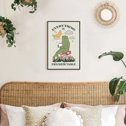 Everything is Figureoutable Motivational Canvas Wall Art Print Frog with Coffee Quote Inspirational Art Poster Mental Health Home Office Affirmation Wall Decor Minimalist Picture 20x30inch black framed