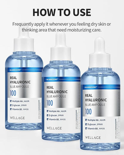 WELLAGE Real Hyaluronic Blue Ampoule 100, Korean Skincare, Fragrance Free Hyaluronic Acid Serum with Panthenol, Wild yam, Centella for Sensitive Dry Skin Moisturizer 1.01 fl.oz