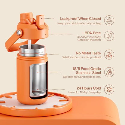 Kids Insualated Water Bottle with Straw - 12oz Stainless Steel Water Bottle with Dual Spouts, Leak-Proof, BPA-Free, Double Wall Vacuum Keeps Cold for 24 Hours for Sports, Travel (Moderate Orange)