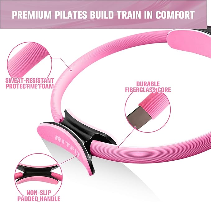 RitFit Pilates Kit - 14 Inch Pilates Ring Magic Circle with Pilates Ball, Resistance Bands & Yoga Strap, Pilates Equipment for Home Workout Toning Thighs, Arms and Core (Black/Pink)