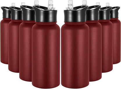 32 oz Insulated Water Bottle Bulk 8 Pack, Stainless Steel Sports Water Bottles with Straw Lid & Wide Mouth Lids, Double Walled Vacuum, Leak Proof, Red