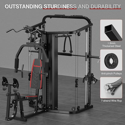 SunHome Multifunction Home Gym System Workout Station,Smith Machine with 138LB Weight Stack, Leg Press, LAT Station for Full Body Training