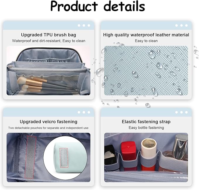 BOYATU Travel Makeup Bag Organizer Cosmetic Bag: 3 Pcs Set Make up Bags for Women with Handle - Waterproof Vegan Leather Toiletry Bags Travel Essentials Pouch with Compartments (G-03-Blue)
