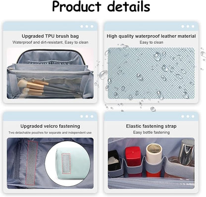 BOYATU Travel Makeup Bag Organizer Cosmetic Bag: 3 Pcs Set Make up Bags for Women with Handle - Waterproof Vegan Leather Toiletry Bags Travel Essentials Pouch with Compartments (G-03-Blue)