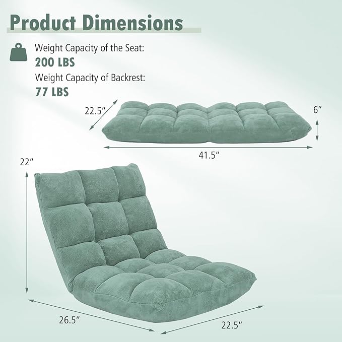 Moccha 14-Position Floor Sofa, Folding Sofa Chair with Back Support, Memory Foam Floor Gaming Chairs for Adults, Adjustable Padded Couch Recliner, Chaise Lounge for Reading, Meditating (Green)