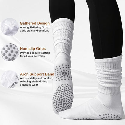 Grip Pilates Slouch Socks for Women, Non Slip Scrunch Yoga Barre, Grippy Slouchy Knee High Boot Socks for Hospital