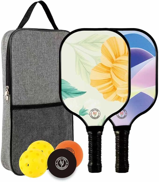 HOLYKING Pickleball Paddles Set, Fiberglass Pickle Ball Racket of 2, 2 Paddles, 2 Balls, 2 Bouncy Balls and Carry Bag, Lightweight Rackets for Women and Men