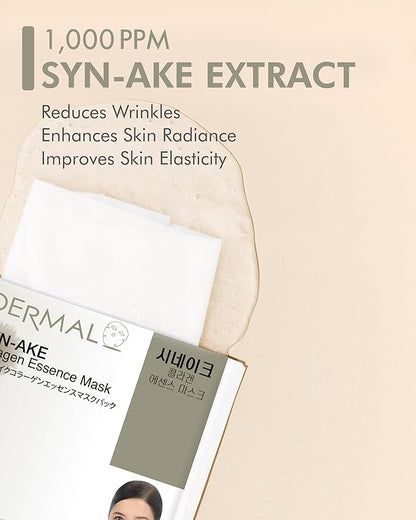 DERMAL Syn-Ake Collagen Essence Facial Mask Sheet 23g Pack of 10 - Peptide Contained, Anti Aging & Anti Wrinkle, Daily Skin Treatment Solution Sheet Mask