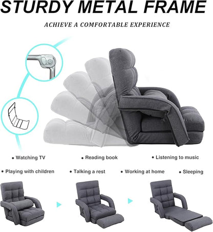 Adjustable Floor Chair for Adults with Back Suppor,5-Position Folding Lazy Sofa with Pillow, Gaming & Meditation Chair with Breathable Fabric - for Living Room, Bedroom, Office,Balcony (Grey)