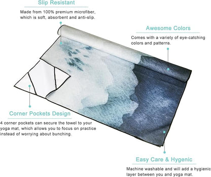 QIYI Large Yoga Mat Towel with Corner Pockets, Non Slip Sweat Absorbent Hot Yoga Towels, Soft Yoga Blankets with Travel Bag, Skidless Mat Cover for Workout, Gym, Fitness - 74"x26", Watercolor Mountain