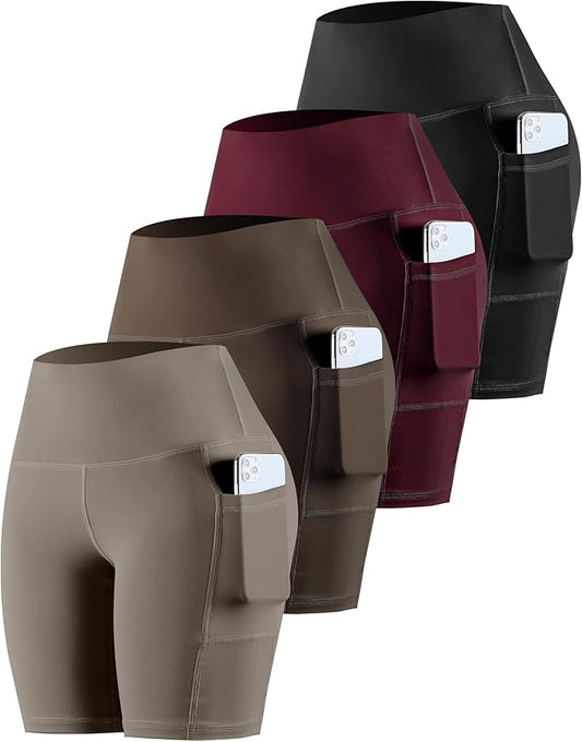 CHRLEISURE Womens Biker Yoga Shorts with Pockets: High Waisted Tummy Control Spandex Workout Athletic Gym Shorts 4 Packs