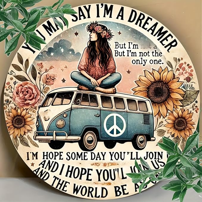 Hippie Van Round Aluminum Sign "Dreamer" Quote Wall Art Decor, Retro Floral Peace Bus Home Decoration, Funny Tin Plaque for Kitchen, Restaurant,Garage - 1 Piece Vintage Engraved 7.8 Inch