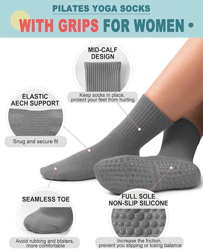 5 Pairs Pilates Grip Socks Yoga Socks with Grips for Women, Non-Slip Athletic Socks for Ballet, Dance, Workout, Hospital