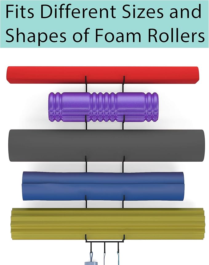 Wallniture Guru Yoga Mat Holder Wall Mount with 3 Hooks for Hanging Yoga Strap, Resistance Bands, 5-Sectional Metal