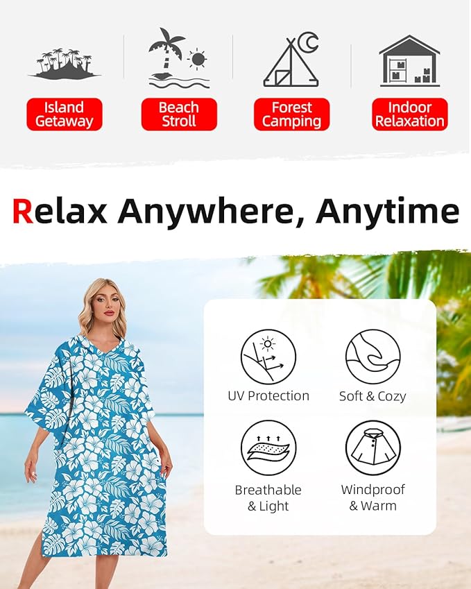 Abahub Surf Poncho Men & Women Towel Poncho Adult with Hood, Thick Quick Dry Changing Poncho Towel, Microfiber Wearable Cover Up for Surfing Beach Swim - Absorbent Changing Towel L (Blue Flower)