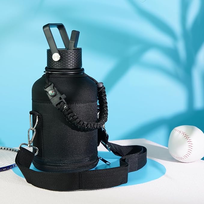 Insulated Water Bottle with Straw,50 oz 3 Lids Water Jug with Carrying Bag,Paracord Handle,Double Wall Vacuum Stainless Steel Metal Flask,Gum