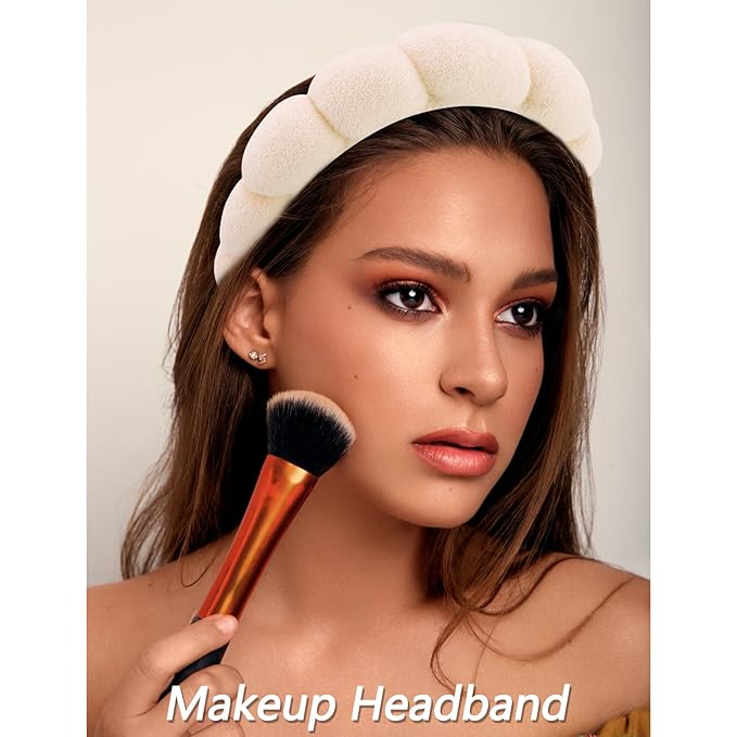 VELSCRUN Spa Headbands for Wash Face, Makeup Headband, Facial Skincare Headbands, 5 Pcs Khaki Puffy Sponge Spa Headband Bow Tie Hair Band Hair Clips Wristband Set Women Girls Accessories