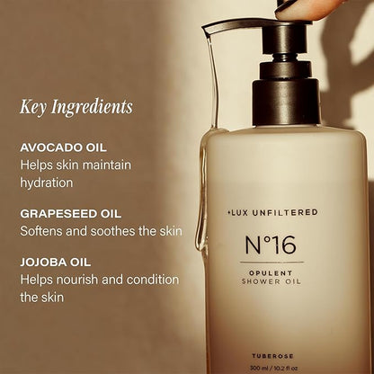+ Lux Unfiltered N°16 Opulent Shower Oil - Body Wash in Tuberose - Full Body Cleansing Oil with Jojoba, Avacado, and Grapeseed - Vegan & Cruelty Free