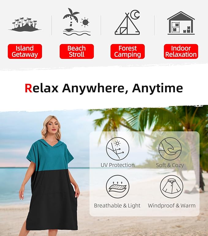 Abahub Surf Poncho Men & Women Towel Poncho Adult with Hood, Thick Quick Dry Changing Poncho Towel, Microfiber Wearable Cover Up for Surfing Beach Swim - Absorbent Changing Towel L (Dark Green/Black)