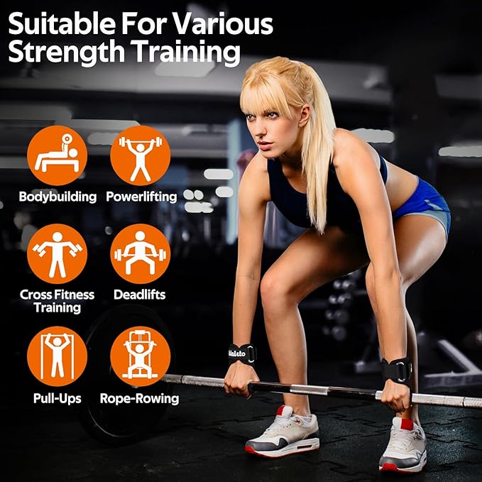 WALITO Weight Lifting Wrist Straps (Pair),Double Layer Leather Grips for Deadlift,Powerlifting and Gym Workouts, Adjustable Neoprene Padded Wrist Wraps - Men/Women, Heavy Duty Support