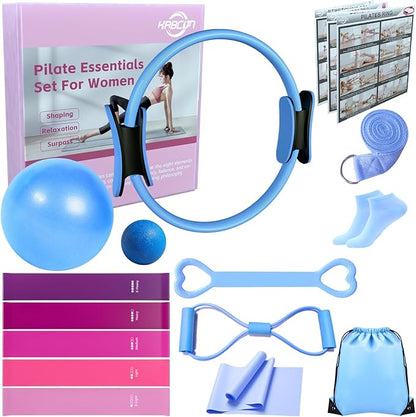 KABCON Pilates Equipment Essentials Set for Women at Home with Complete User Guide,13” Pilates Ring,9.8” Exercise Ball,Resistance Bands,Yoga Socks,Yoga Strap,13/14/16-Pcs Starter Workout Set