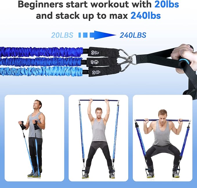 Hommie Portable Pilates Bar Kit with Resistance Bands for Men and Women，Upgraded 3 Section Pilates Bar with Resistance Bands (20-60lb) for Home Gym Equipment Supports Full-Body