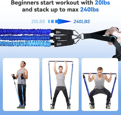 Hommie Portable Pilates Bar Kit with Resistance Bands for Men and Women，Upgraded 3 Section Pilates Bar with Resistance Bands (20-60lb) for Home Gym Equipment Supports Full-Body