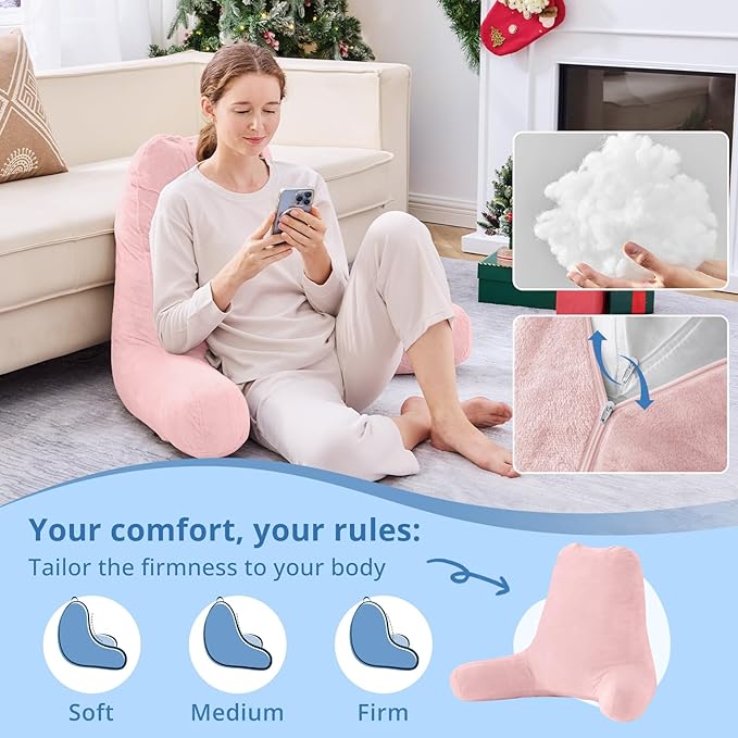Sasttie 25-inch Reading Pillows for Sitting in Bed Adult, Jumbo Velvet Back Pillow Bed Sitting Up, XL High Back-Rest Support Cushion for Sit Up on Couch & Floor, Oeko-Tex Certified, Pink