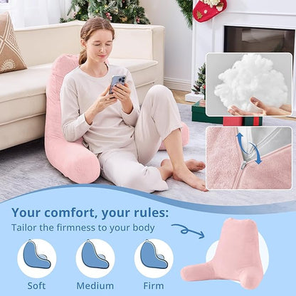 Sasttie 25-inch Reading Pillows for Sitting in Bed Adult, Jumbo Velvet Back Pillow Bed Sitting Up, XL High Back-Rest Support Cushion for Sit Up on Couch & Floor, Oeko-Tex Certified, Pink