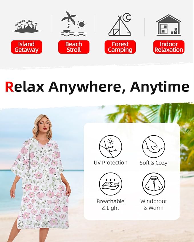 Abahub Surf Poncho Men & Women Towel Poncho Adult with Hood, Thick Quick Dry Changing Poncho Towel, Microfiber Wearable Cover Up for Surfing Beach Swim - Absorbent Changing Towel L (Pink Flower)