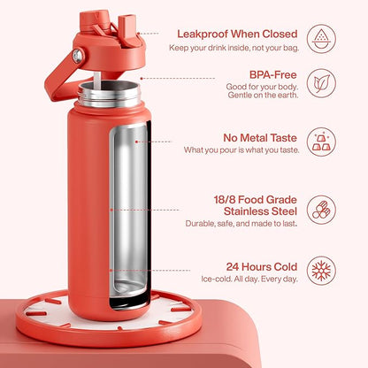Insulated Water Bottle with Straw Stainless Steel Water Bottle, Leak-Proof, BPA-Free, Double Wall Vacuum Keeps Cold for 24 Hours for Sports, Travel, School (32 oz, Tawny Orange)