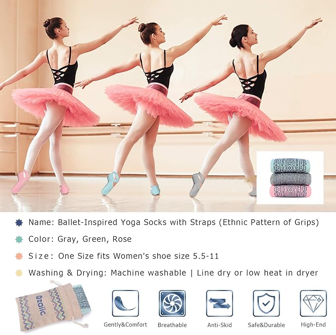 Ozaiic Yoga Socks for Women Non-Slip Grips & Straps, Ideal for Pilates, Pure Barre, Ballet, Dance, Barefoot Workout