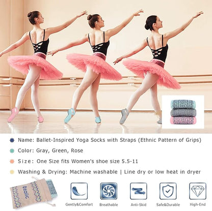 Ozaiic Yoga Socks for Women Non-Slip Grips & Straps, Ideal for Pilates, Pure Barre, Ballet, Dance, Barefoot Workout