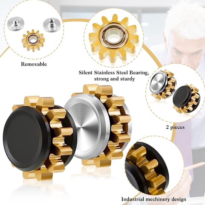 2 Pieces Copper Gear Metal Spinner Toy Small Fidget Toy Solid Metal Brass Gear Mini Steel Bearing for Adults Copper Design Boredom Killing Time Toys(Black, Silver, Gold)