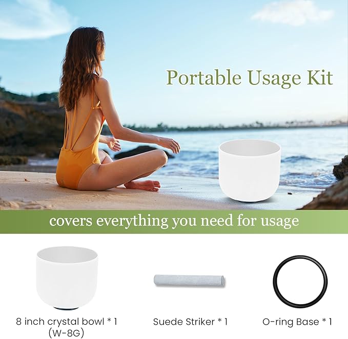 432HZ 8 Inchs Frosted Crystal Singing Bowl Set for Meditation Healing Yoga Chakra Quartz Crystal Sound Bowls with Heavy Duty Carry Case and Rubber Mallet,Suede Striker,O-rings