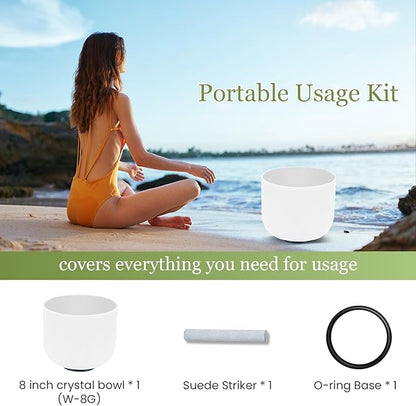 432HZ 8 Inchs Frosted Crystal Singing Bowl Set for Meditation Healing Yoga Chakra Quartz Crystal Sound Bowls with Heavy Duty Carry Case and Rubber Mallet,Suede Striker,O-rings