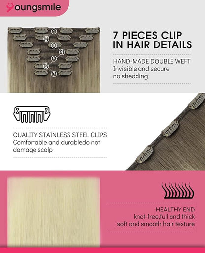 Youngsmile Clip in Hair Extensions, Color 8 Ash Brown Fading to 60 Blonde,Real Human Hair Extensions Clip in Long Straight Double Weft 14inch 140g 7Pcs,Thick End (7C#8T60-14Inch)