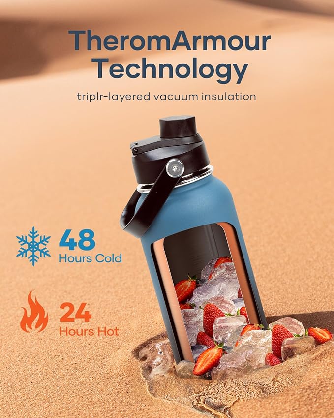 BUZIO 40 oz Insulated Water Bottle, Keep Cold 48h Stainless Steel Water jug with Straw Lid and Carrying Pouch, Lead-Free Leak Proof Double Wall Vacuum Metal Canteen for Sports Gym Beach, Indigo Crush