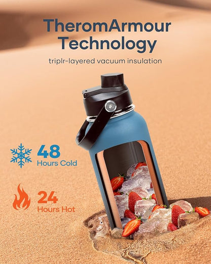 BUZIO 40 oz Insulated Water Bottle, Keep Cold 48h Stainless Steel Water jug with Straw Lid and Carrying Pouch, Lead-Free Leak Proof Double Wall Vacuum Metal Canteen for Sports Gym Beach, Indigo Crush