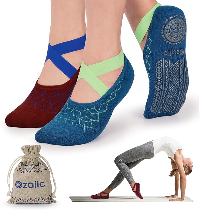 Ozaiic Yoga Socks for Women Non-Slip Grips & Straps, Ideal for Pilates, Pure Barre, Ballet, Dance, Barefoot Workout