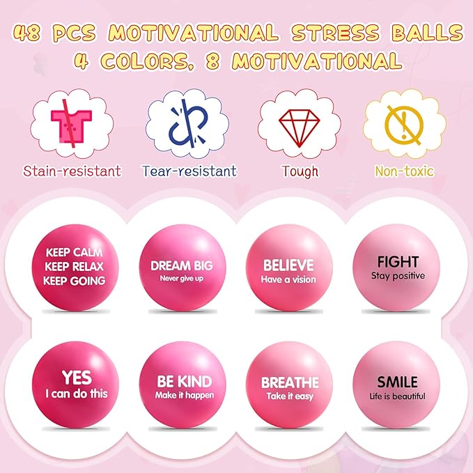 Liliful 48 Pieces Motivational Stress Balls Bulk for Adults Fidget Toys End of The Year Gifts Inspirational Squeeze Balls Employee Appreciation Gift Adult Goodie Bag 2. 2 Inch(Pink)