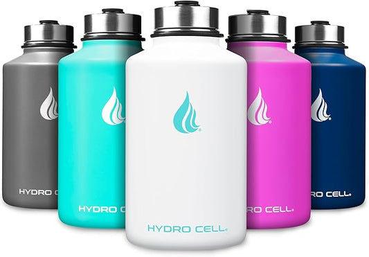 HYDRO CELL Stainless Steel Insulated Water Bottle with Straw - For Cold & Hot Drinks - Metal Vacuum Flask with Screw Cap and Modern Leakproof Sport Thermos for Adults (White 64oz)