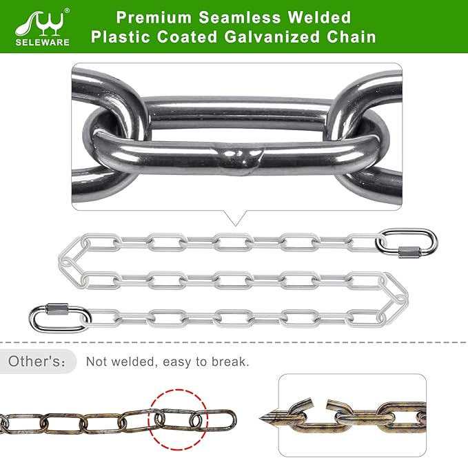 SELEWARE 2 Pcs 60" Hanging Swing Chain with 4 Carabiners, 1000LB Capacity Plastic Coated Hanging Chains, Hammock Hardware Kit for Swing, Hanging Chair, Punching Bags, Indoor Outdoor Gym (White)