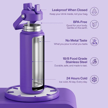 Insulated Water Bottle with Straw Stainless Steel Water Bottle, Leak-Proof, BPA-Free, Double Wall Vacuum Keeps Cold for 24 Hours for Sports, Travel, School (32 oz, Violet)