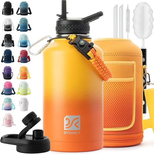 Insulated Water Bottle | Thickened Stainless Steel Vacuum Metal | Portable Sports Half Gallon Large Water Jug for Gym and Hiking with Straw, Carrier Bag, Handle Strap | BPA-Free 64 oz
