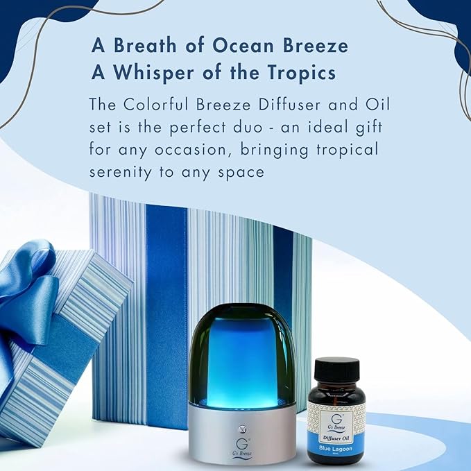 G's Breeze Smart Aroma Diffuser with 60ml Blue Lagoon Scent Refill – Bluetooth & Wi-Fi App Control - LED Lighting & Adjustable Intensity - Long-Lasting Fresh Aquatic Fragrance for Home or Office